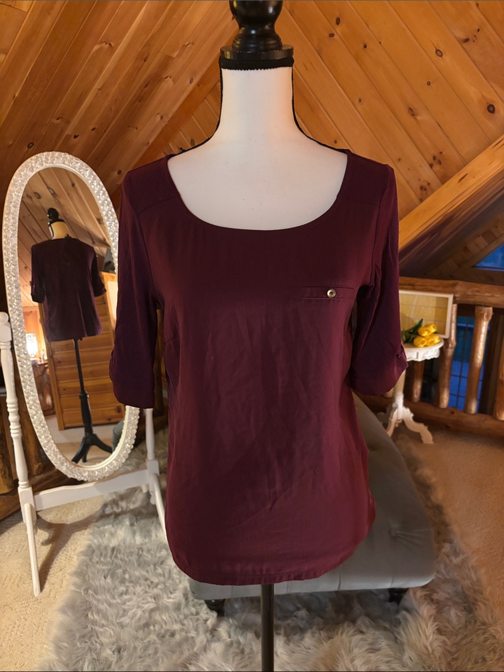 The Limited Women's Purple Scoop Neck Blouse with Roll-Tab Sleeves